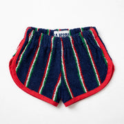 Kids' terry shorts with navy stripes, red and green trim, and an elastic waist