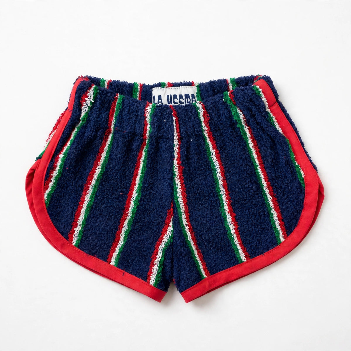 Kids' terry shorts with navy stripes, red and green trim, and an elastic waist