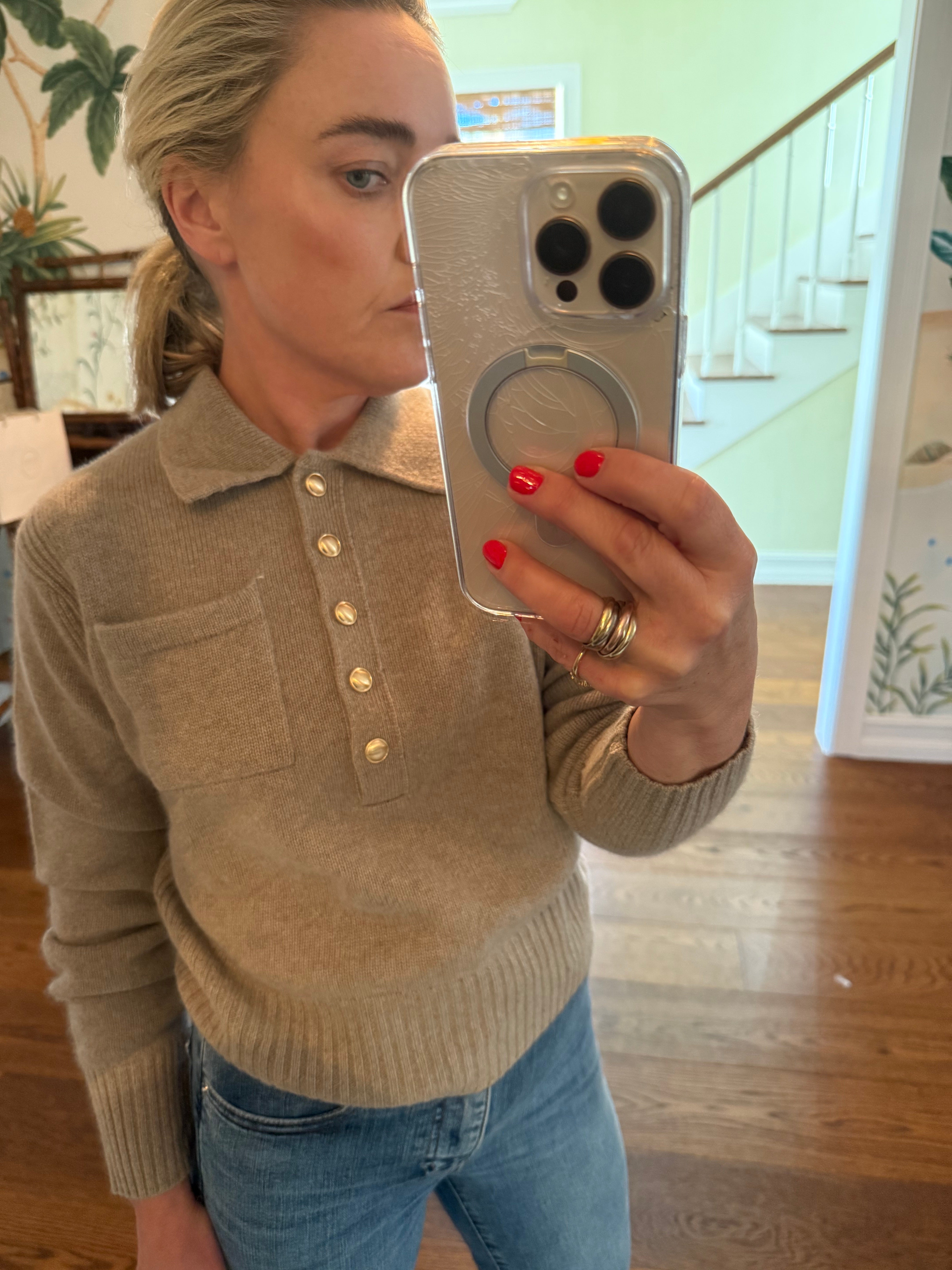 Beige cashmere polo sweater with button placket and gold-tone buttons