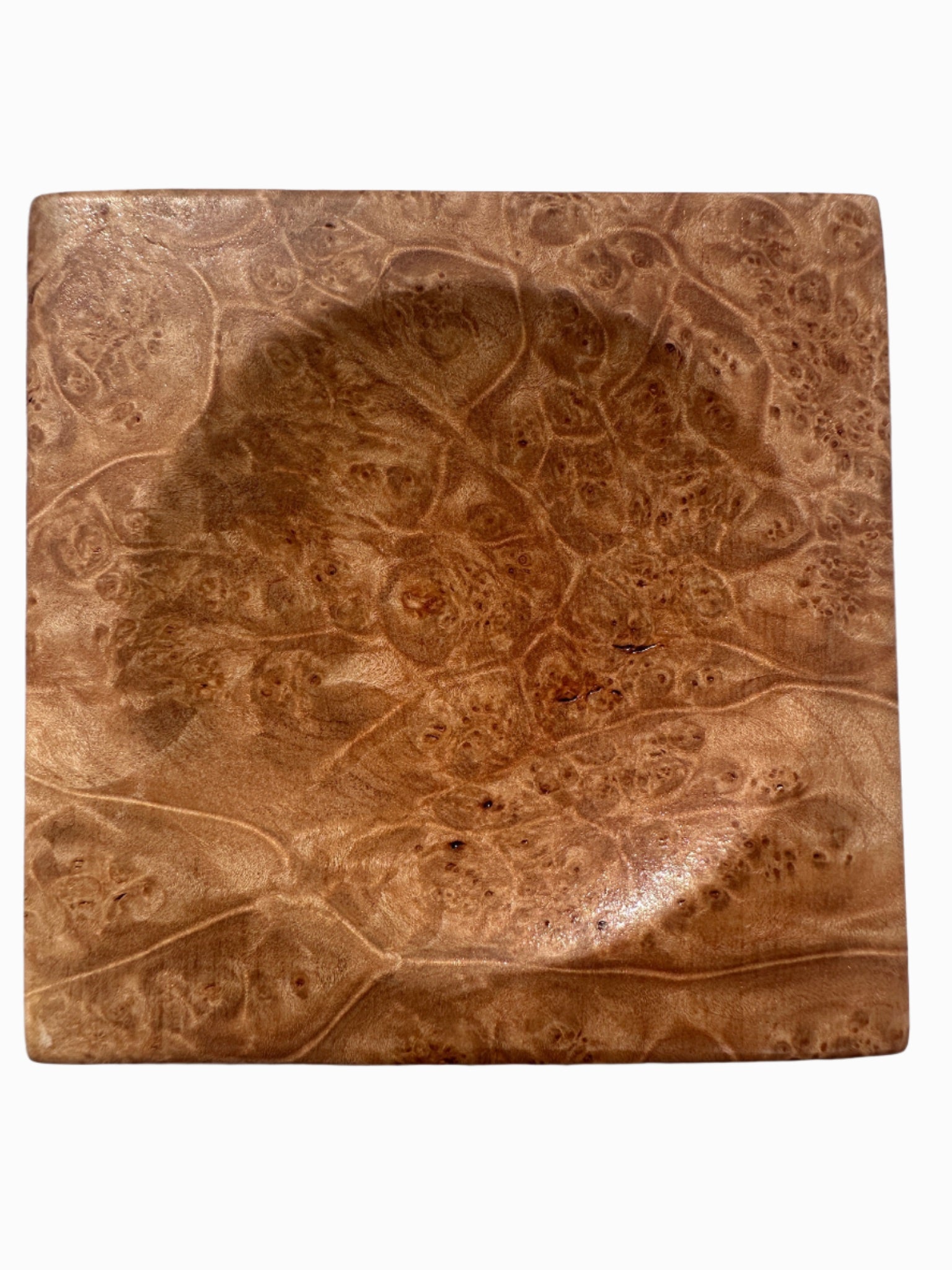Small burlwood dish with square shape and richly grained warm brown finish