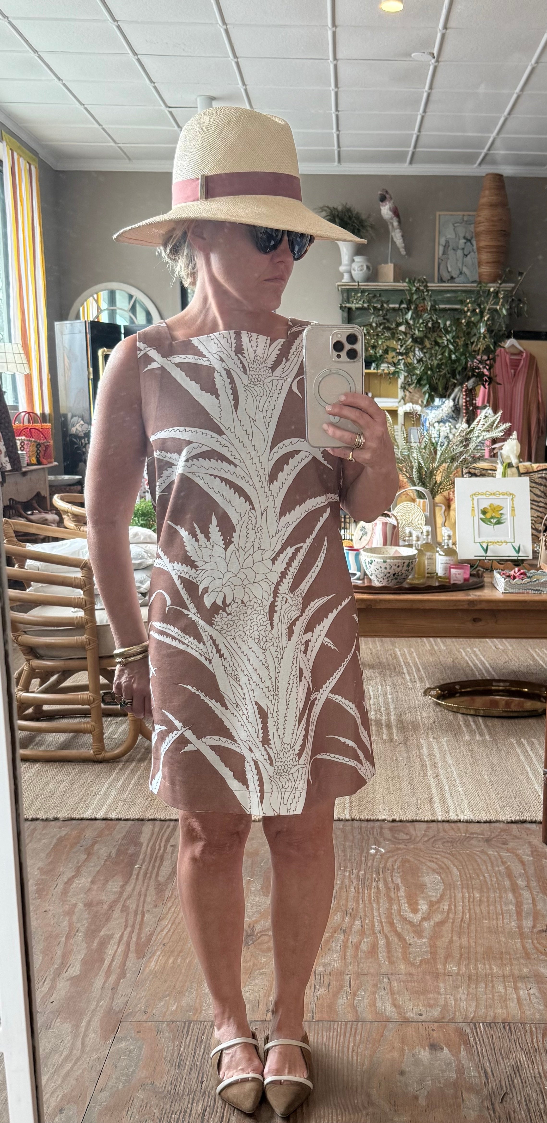 Sleeveless mini shift dress in cream with white leaf print and pink accents