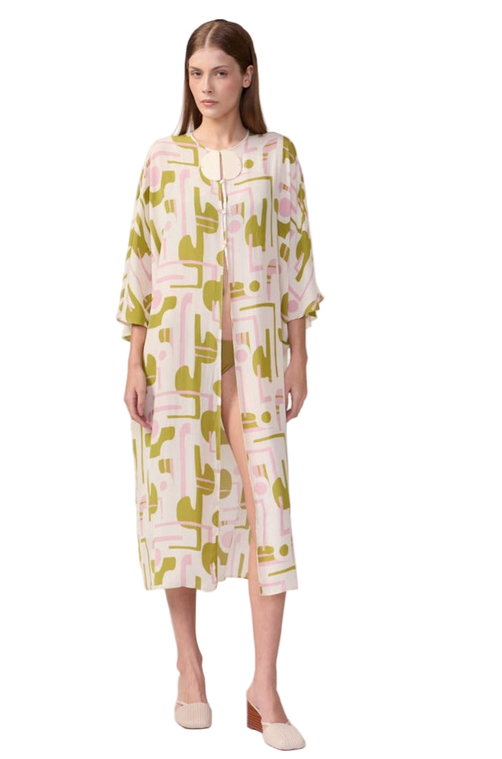 Maxi kaftan with abstract chartreuse and pink print on white, front buttons, mid-calf