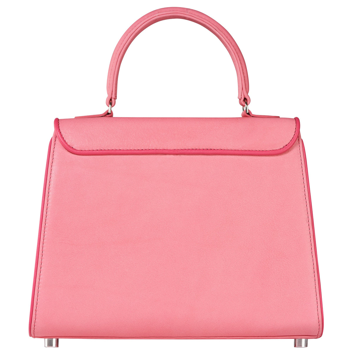 Bubblegum pink handbag with short top handles and structured front with feet