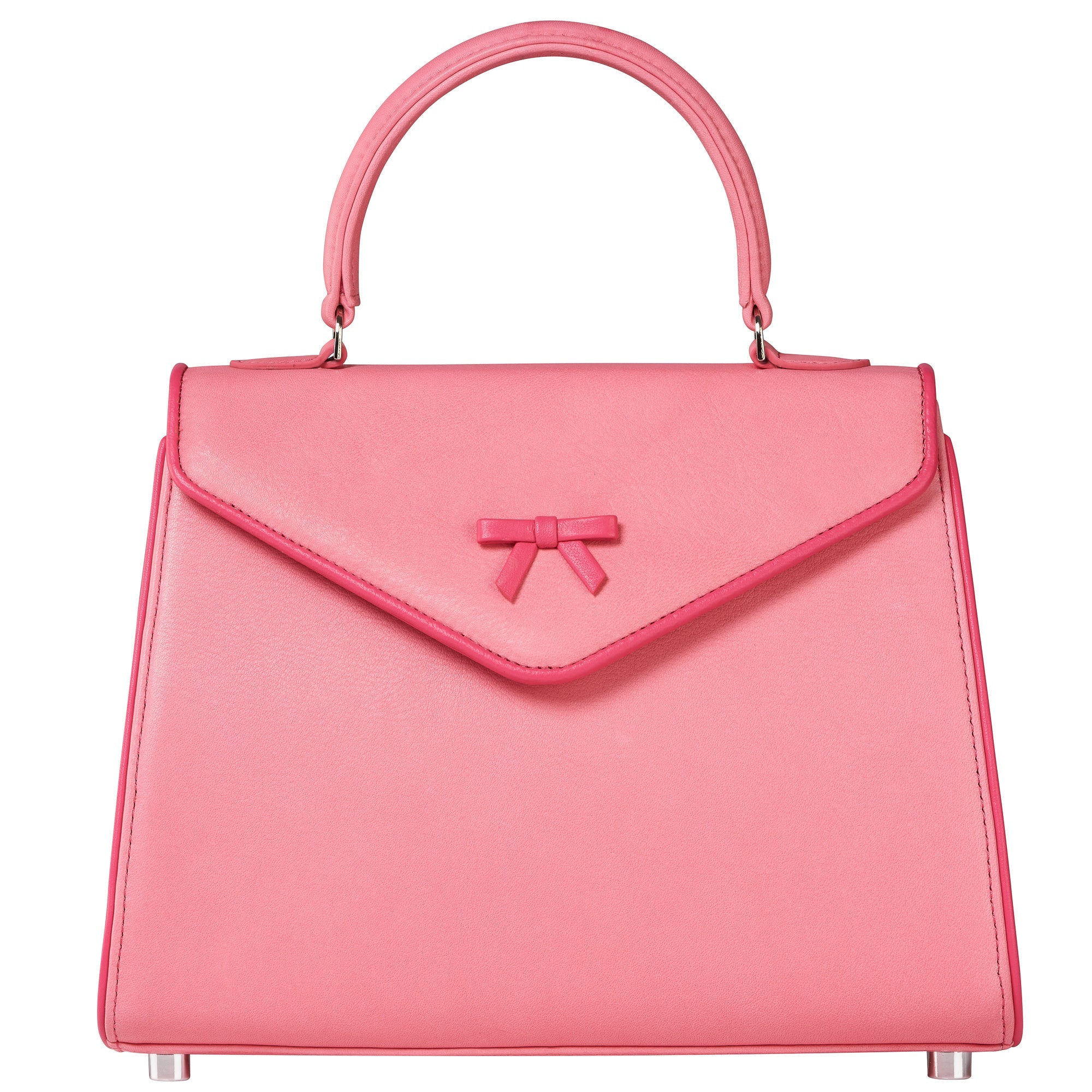 Pink handbag with top handle and flap closure with bow detail