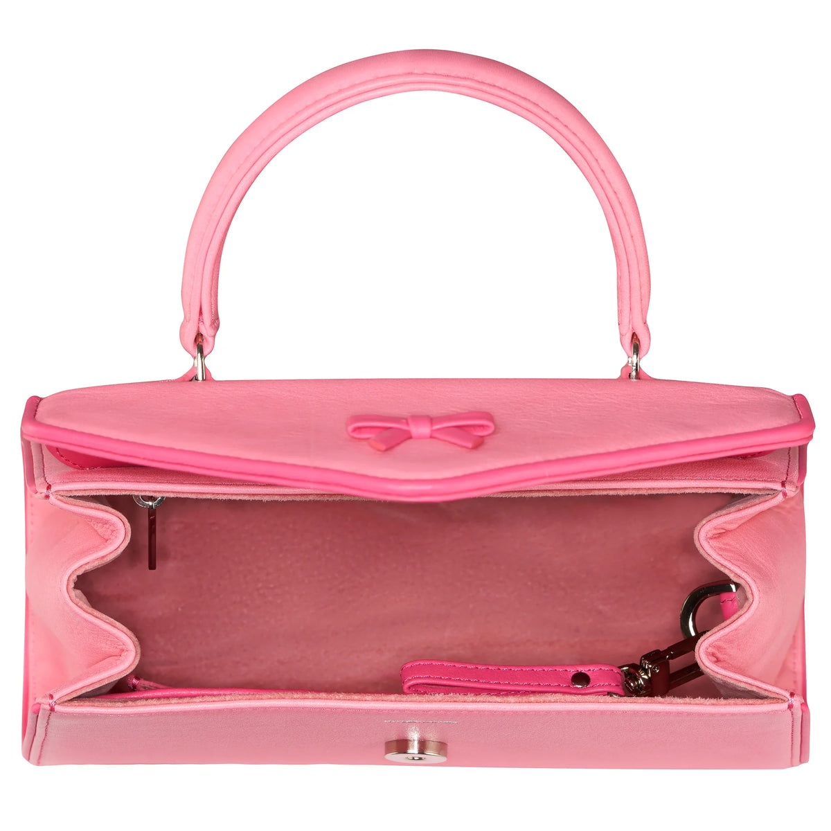 Bubblegum pink handbag open showing inner lining and interior hardware