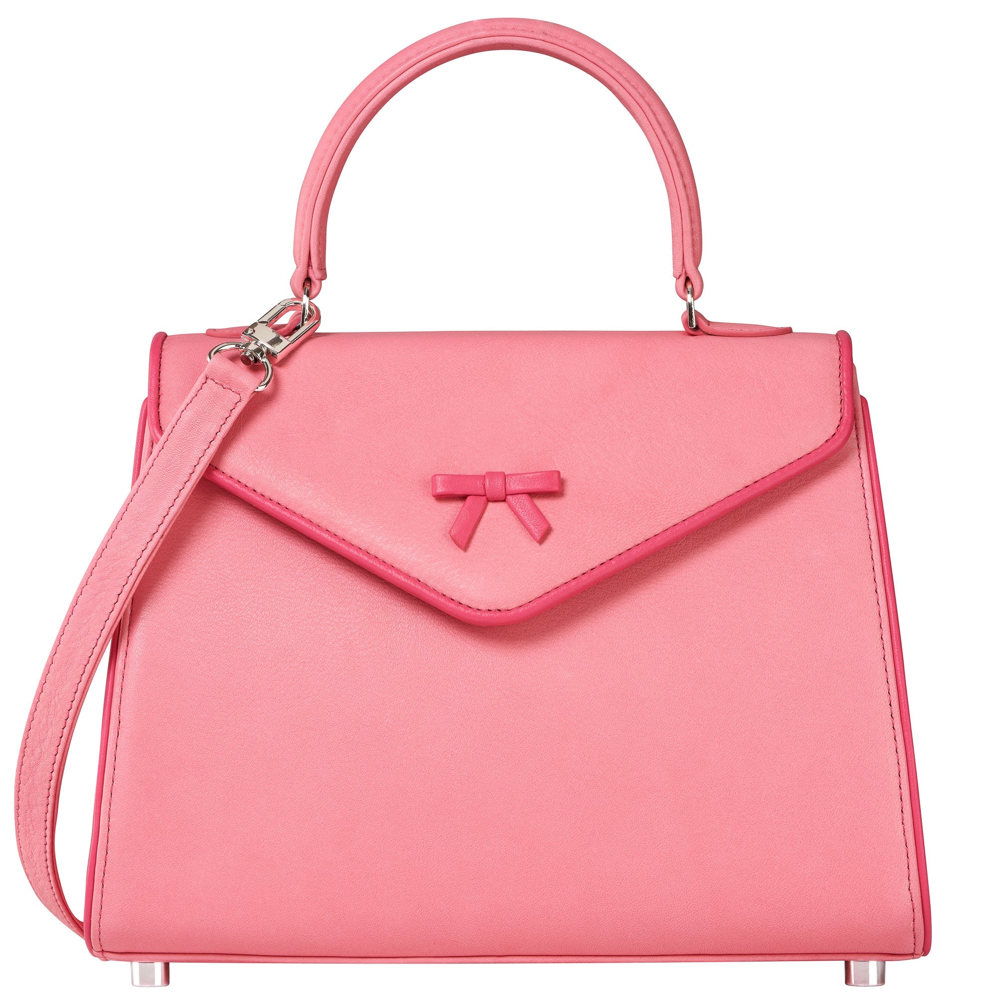 Pink handbag with shoulder strap, top handle, and bow-front flap closure