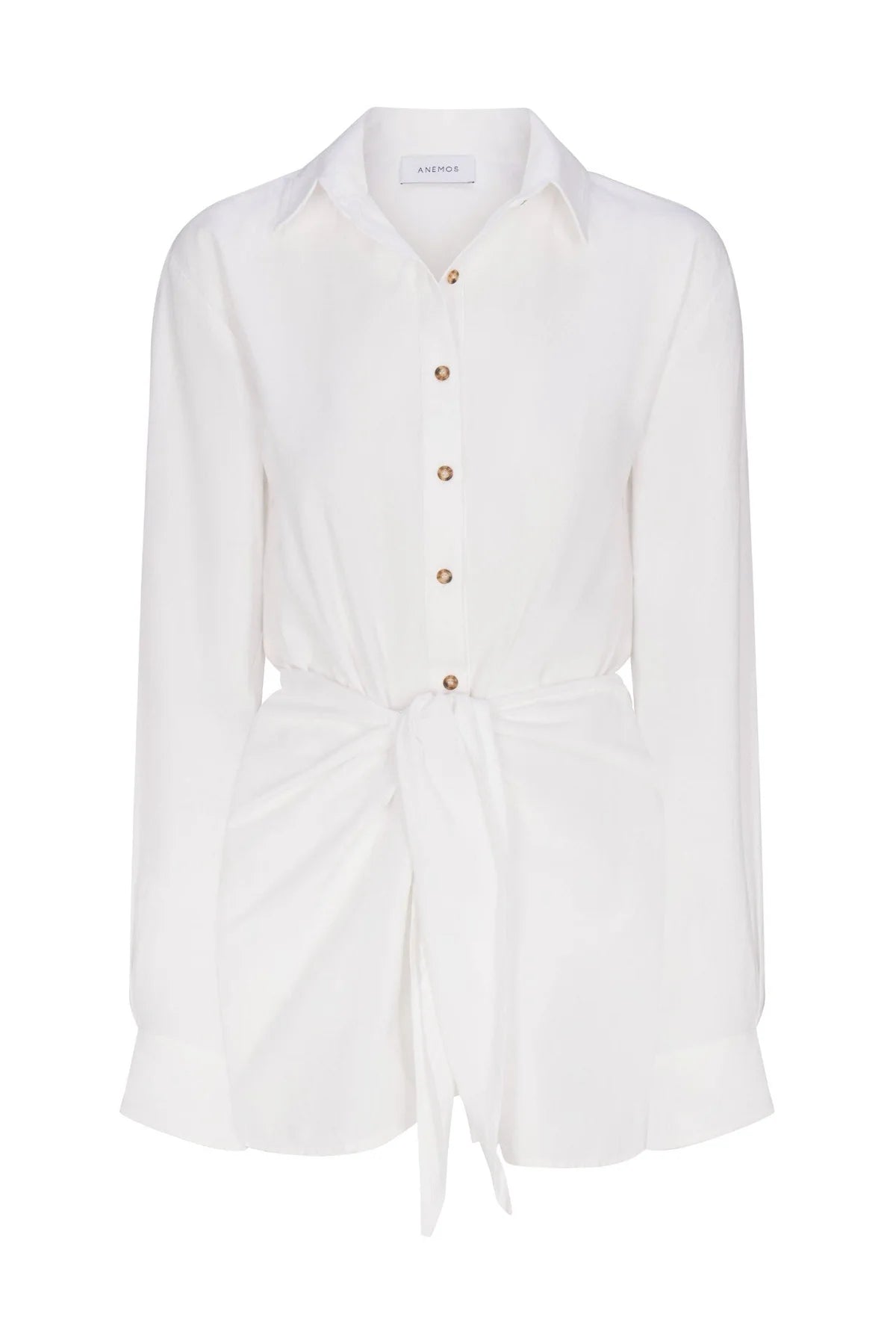 White wrap mini dress with button front, V-neck, long sleeves, gold buttons, tied waist