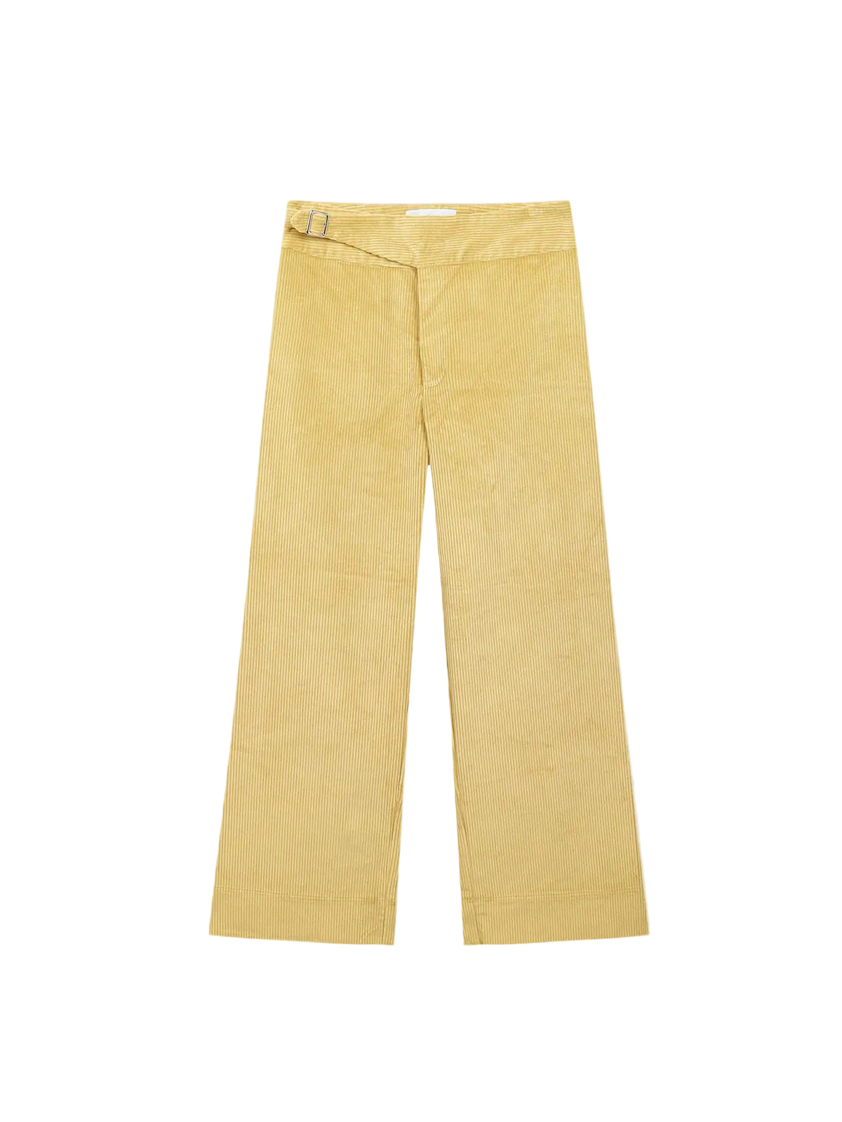 Light yellow corduroy pants with straight wide legs and front button closure.