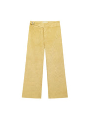 Light yellow corduroy pants with belt loops and straight leg, front button closure