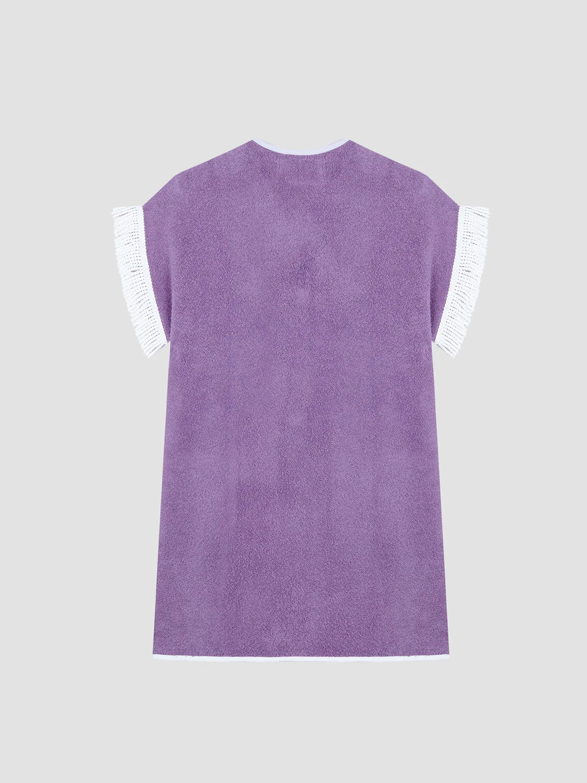 Purple towel dress back with white fringe shoulder trim