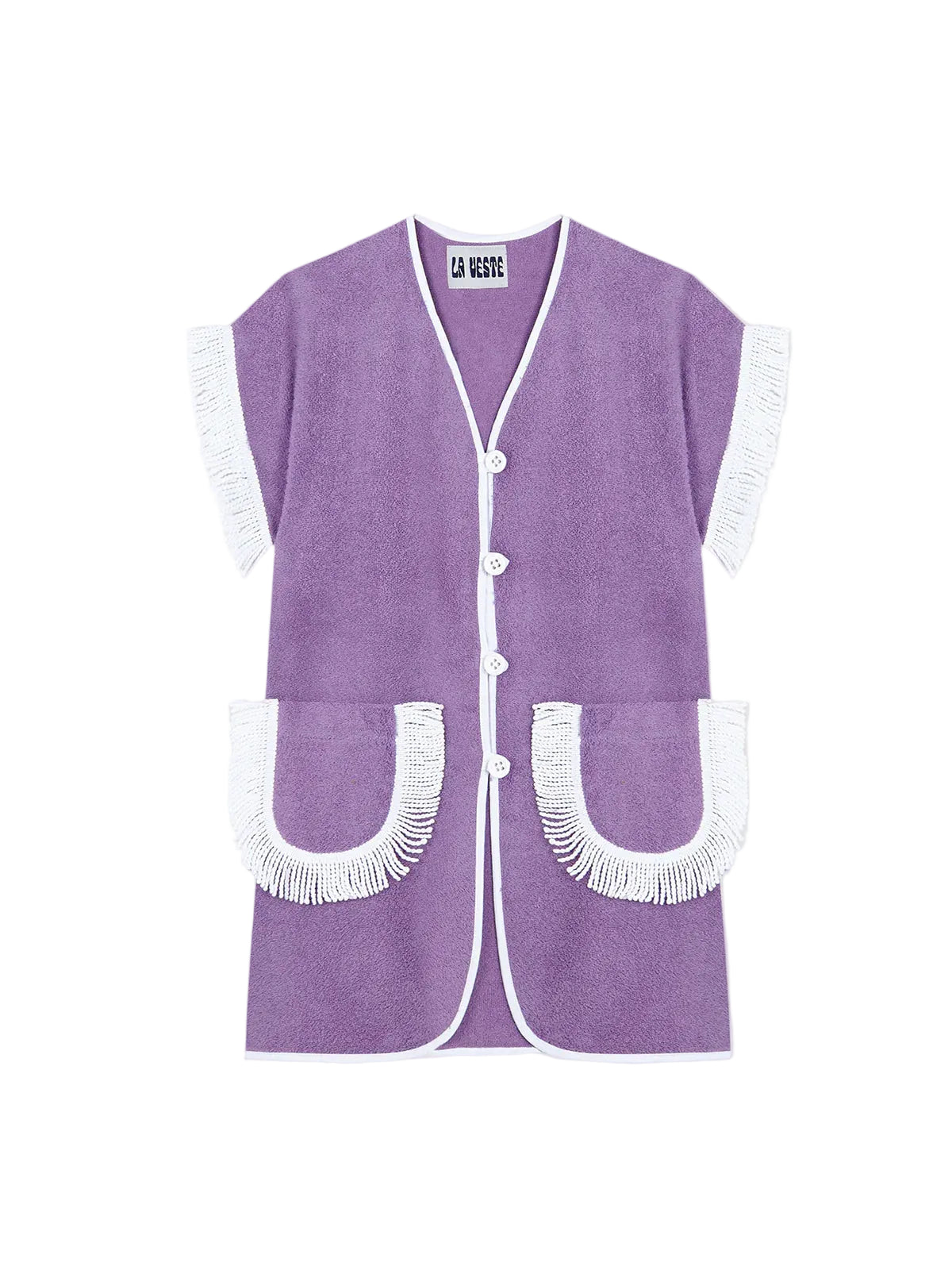 Purple towel dress with white button placket and fringe-trim pockets