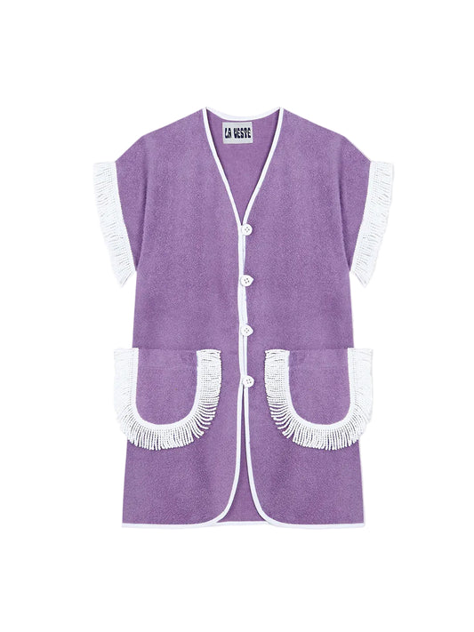 Purple vest with white fringe details on a light gray background
