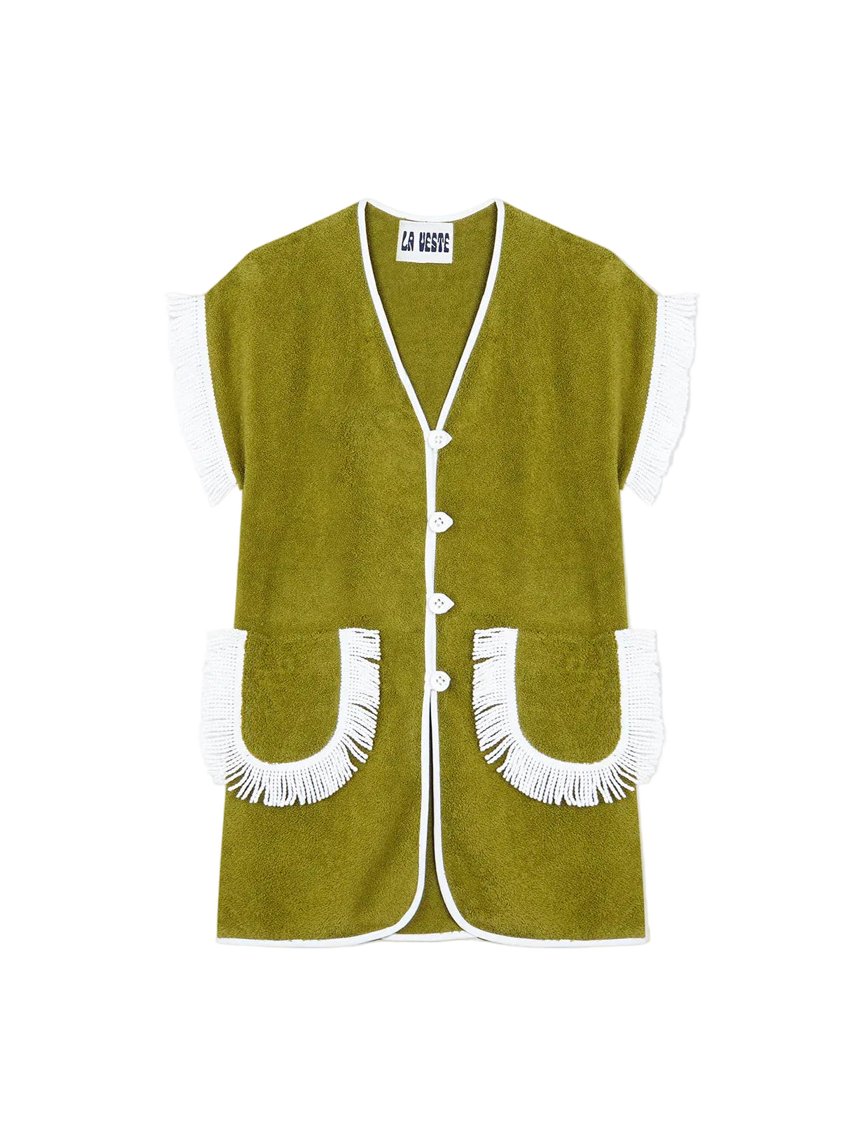 Olive towel dress with white button-front and fringe pockets