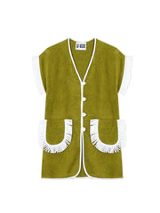 Olive towel dress vest-style, V-neck button front with white fringe trim and patch pockets