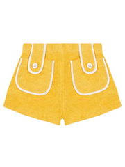 Yellow towel shorts with white trim and buttoned waist tabs