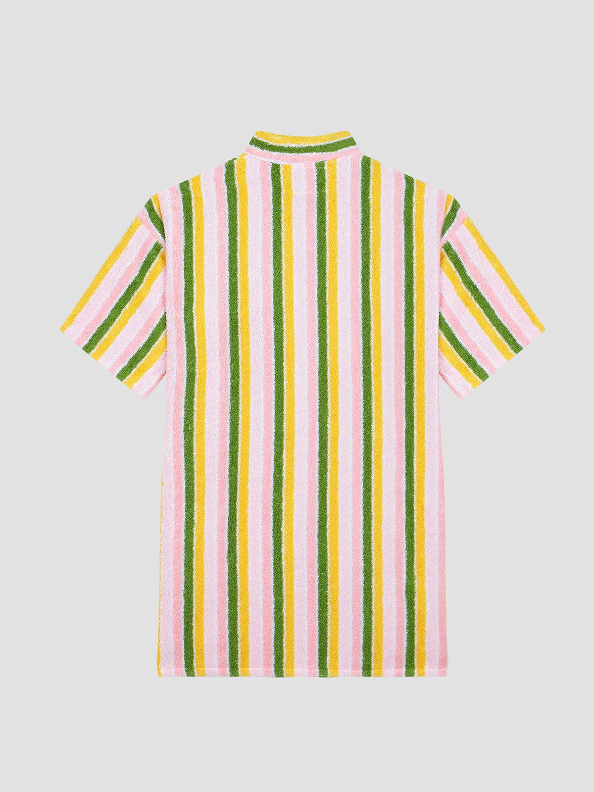 Back view of multicolor striped cover-up with short sleeves and collared trim