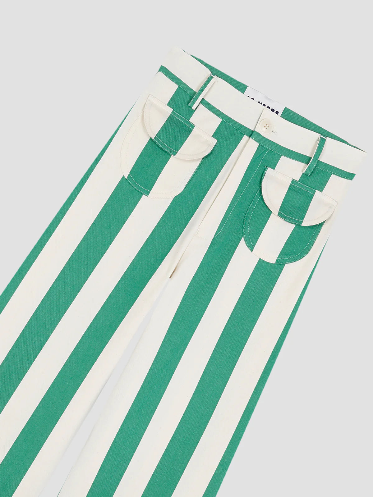 Green and white striped pants with curved pocket openings and elastic waistband