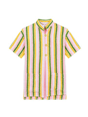 Multicolor striped cover-up shirt with button placket and short sleeves, collared