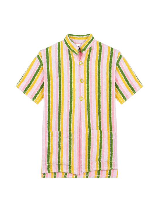 Multicolor striped cover-up with short sleeves, collared neckline, and button front