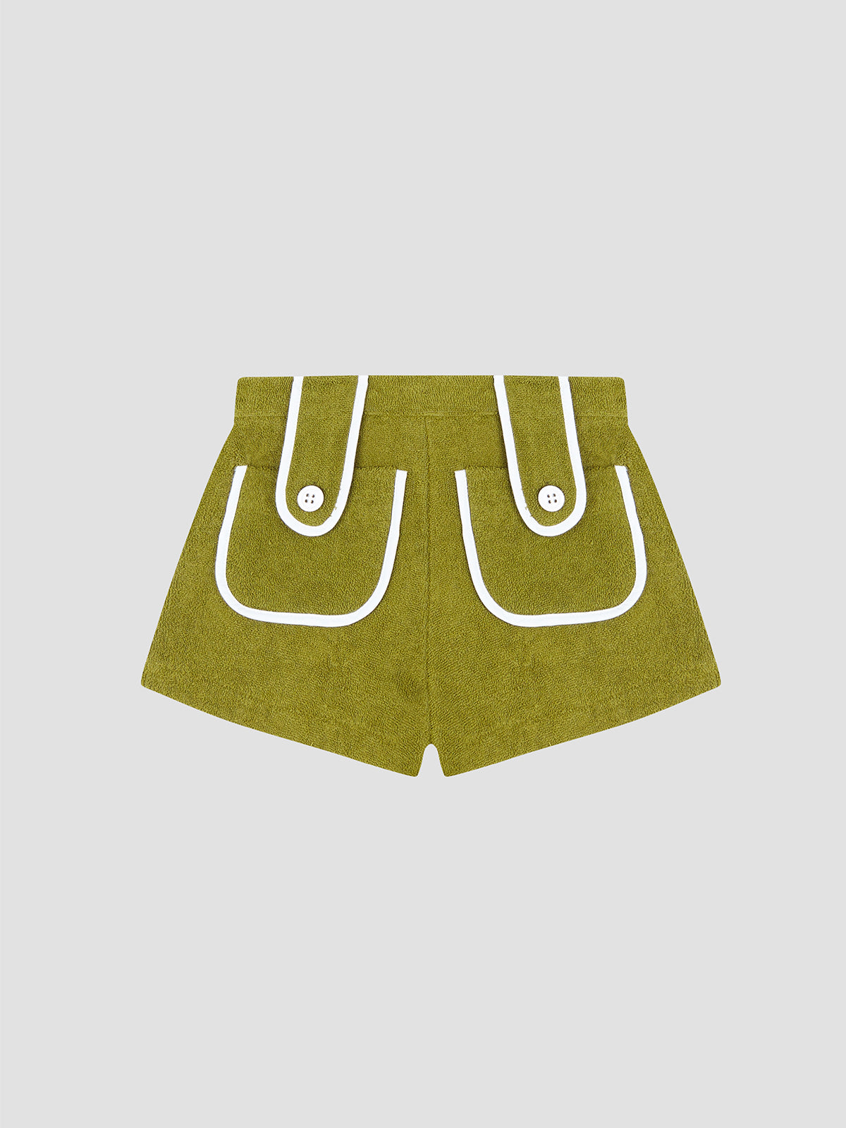 La Veste Carambola towel shorts in olive green with white trim and front button pockets