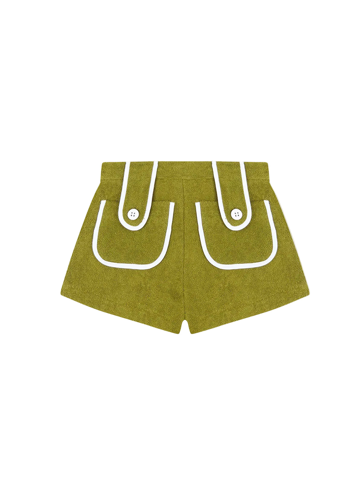 La Veste Carambola towel shorts, olive green with white pocket trim
