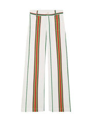 High-waisted cotton pants, white with vertical multicolor stripes