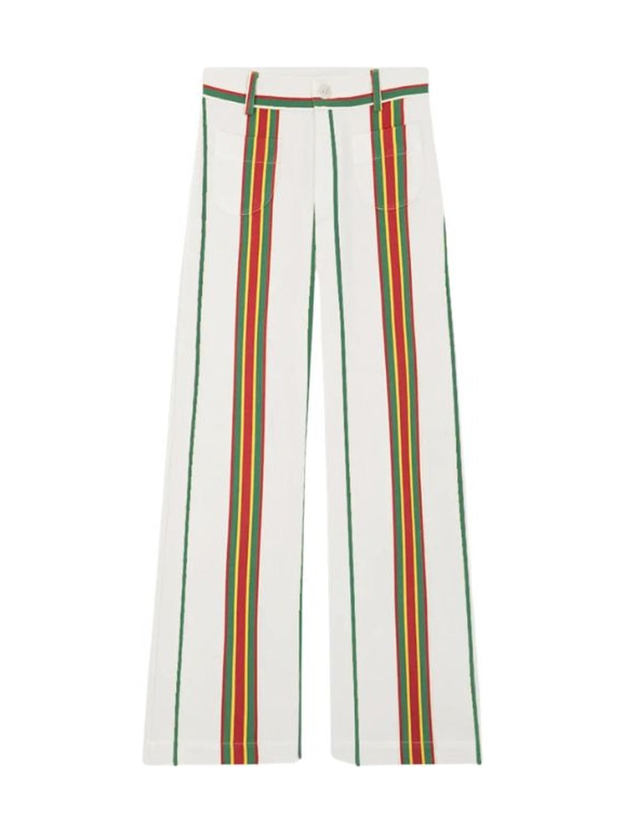 High-waisted cotton pants, white with vertical multicolor stripes