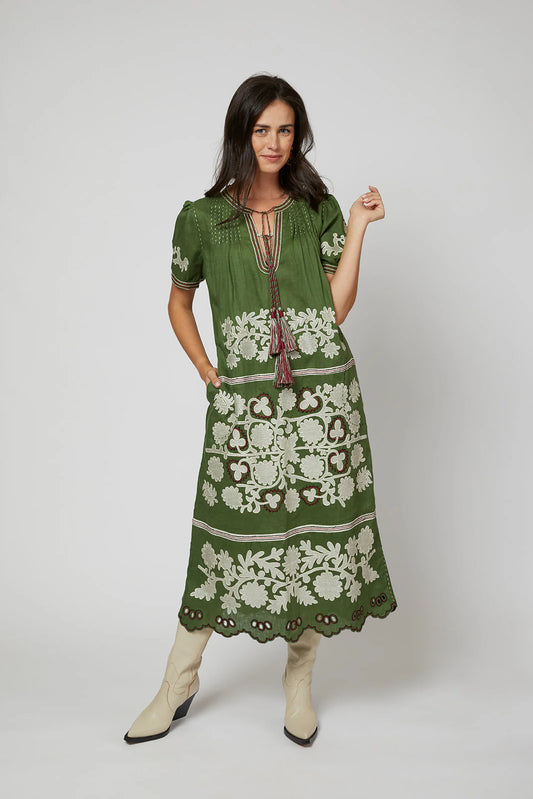 Natalia Ukrainian Embroidered Dress - Olive Green