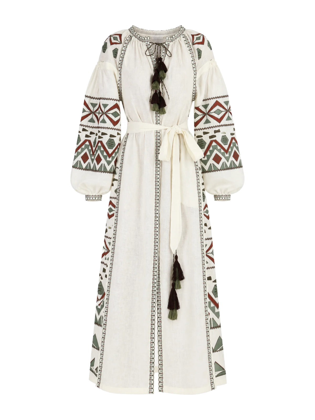 Embroidered long-sleeve dress with geometric trim and tassel ties, cream