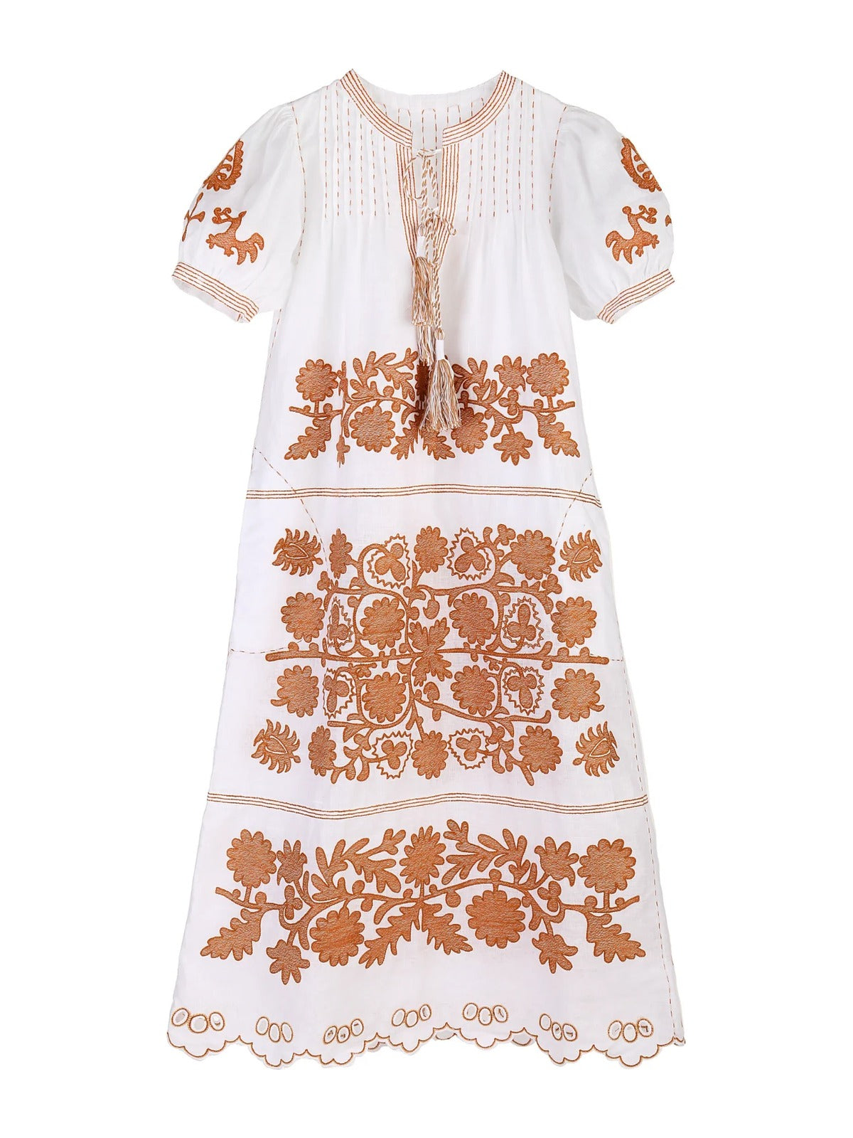 White embroidered dress with orange floral yoke, short sleeves, and scalloped hem