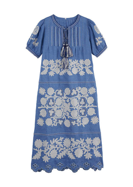 Natalia Ukrainian Dress - French Blue, Navy & White