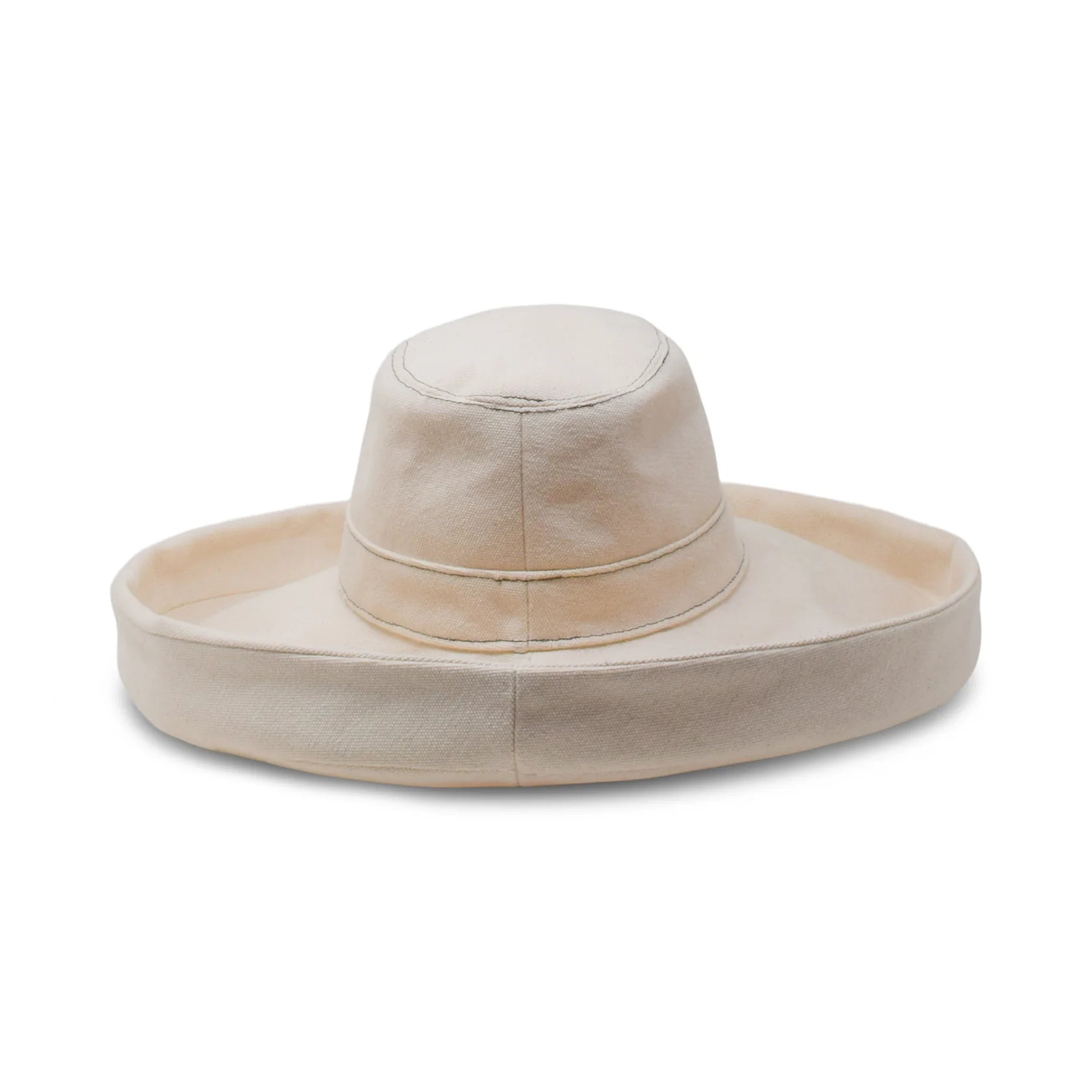 Light beige bucket hat with curved brim and stitched crown seam