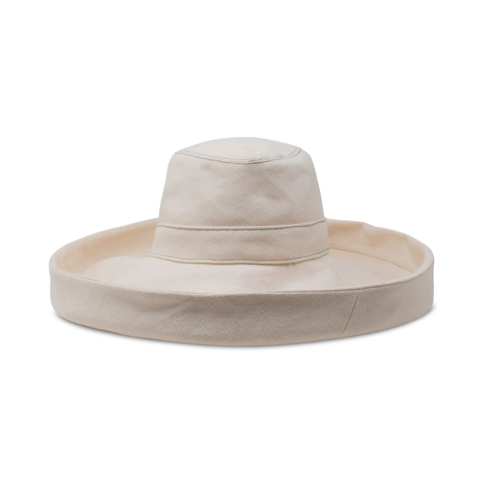 Light beige wide-brim bucket hat with stitched crown and curved brim
