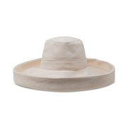 Light beige wide-brim bucket hat with stitched crown and curved brim