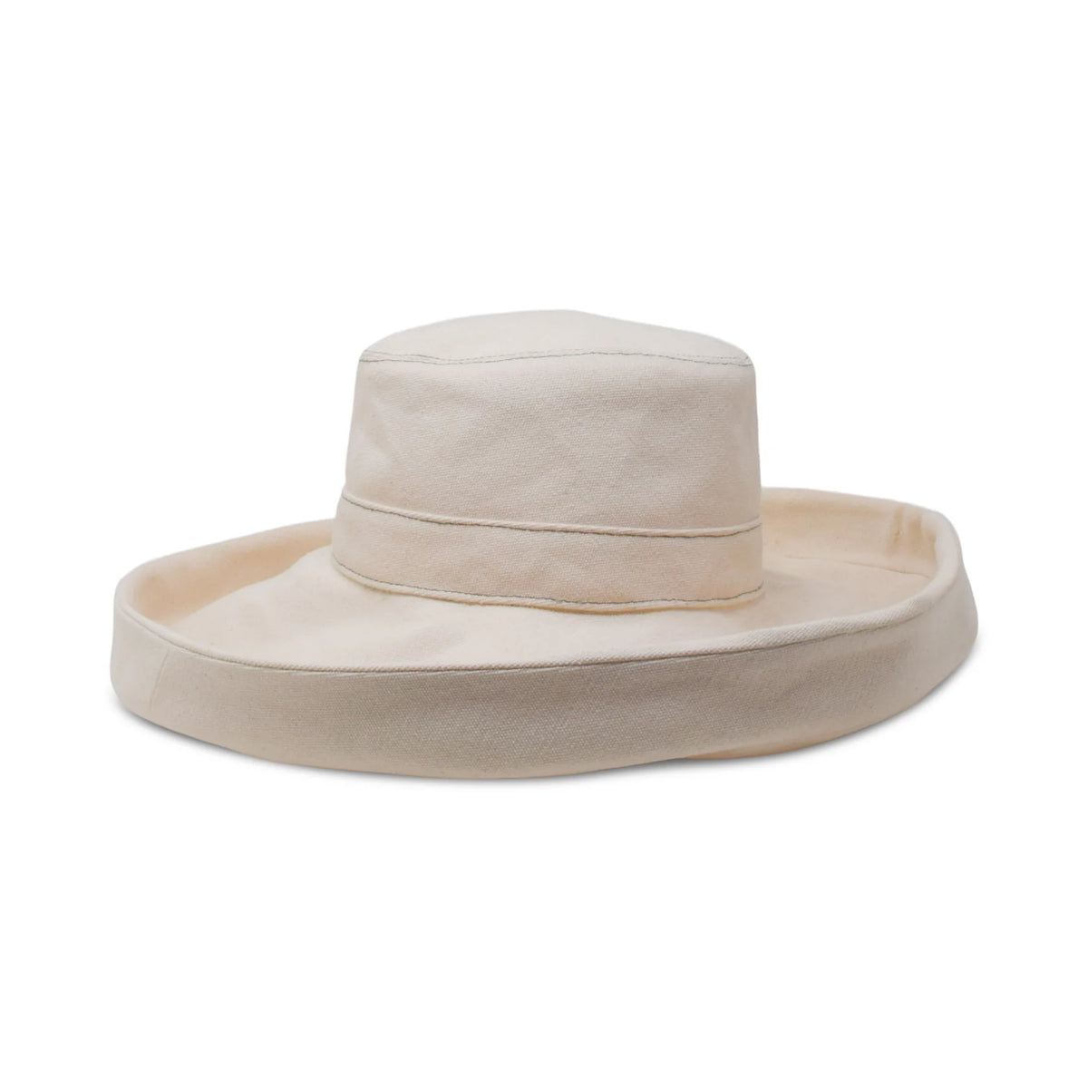 Light beige wide-brim bucket hat with top panel and curved brim