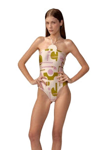 Halter swimsuit with abstract pink and olive applique print, front view
