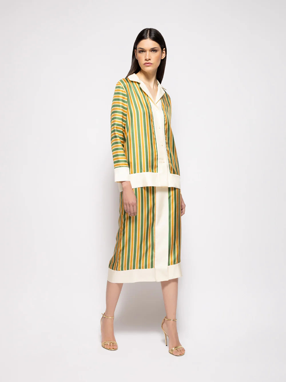 Front view striped silk twill skirt with vertical gold, green, and white stripes