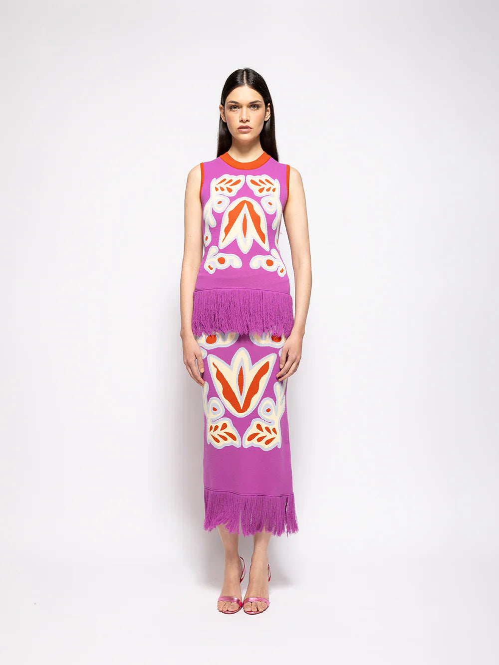 Purple jacquard midi skirt with orange waistband, fringed hem, colorful motif print