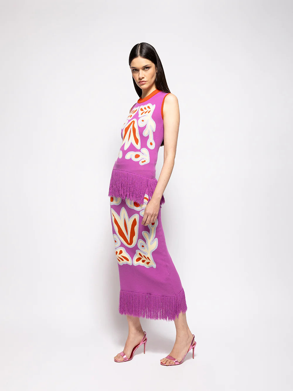Purple fringed jacquard tank with colorful bellflower motif and orange trim, sleeveless