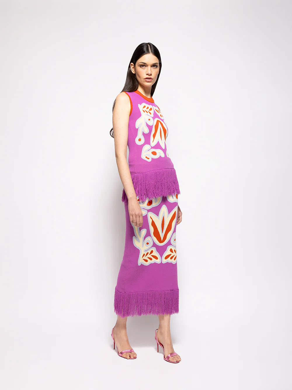 Purple jacquard tank with fringed hem and bold bellflower graphic, sleeveless orange trim