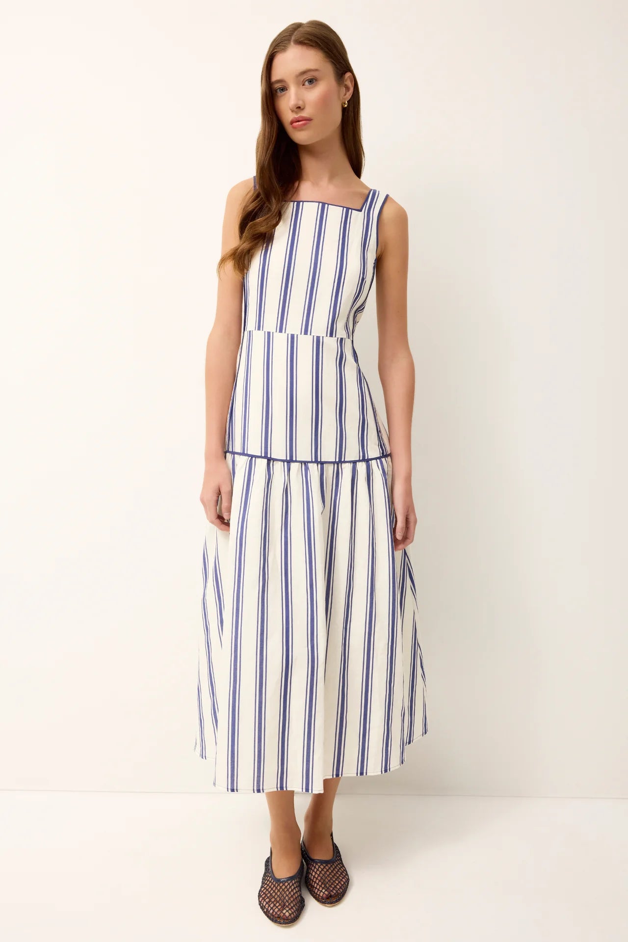 Sailor stripe midi dress: sleeveless square neck, vertical blue-and-white stripes, layered skirt