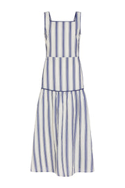 Sleeveless sailor stripe dress with square neckline, blue-and-white vertical stripes, tiered hem