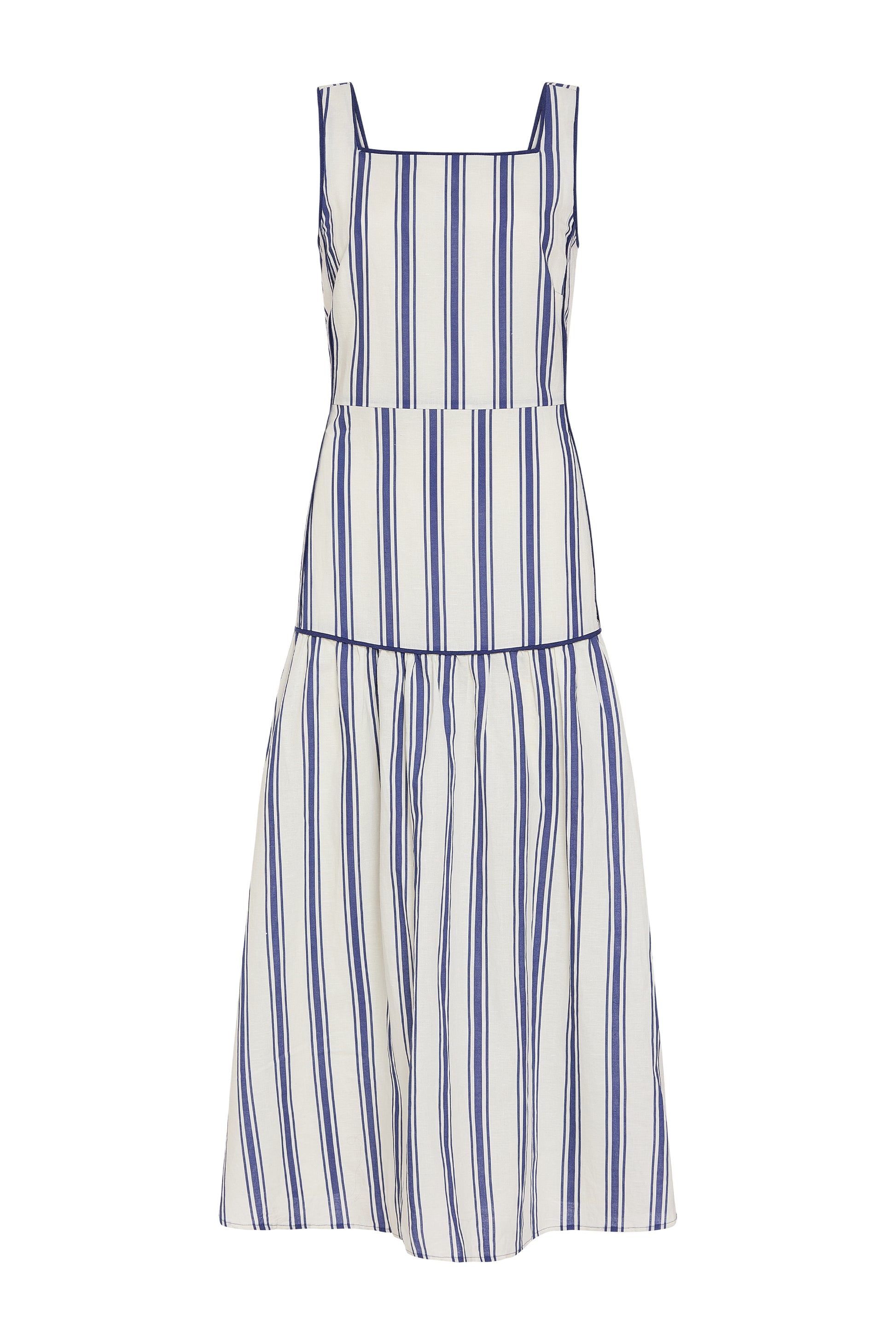 Sleeveless sailor stripe dress with square neckline, blue-and-white vertical stripes, tiered hem