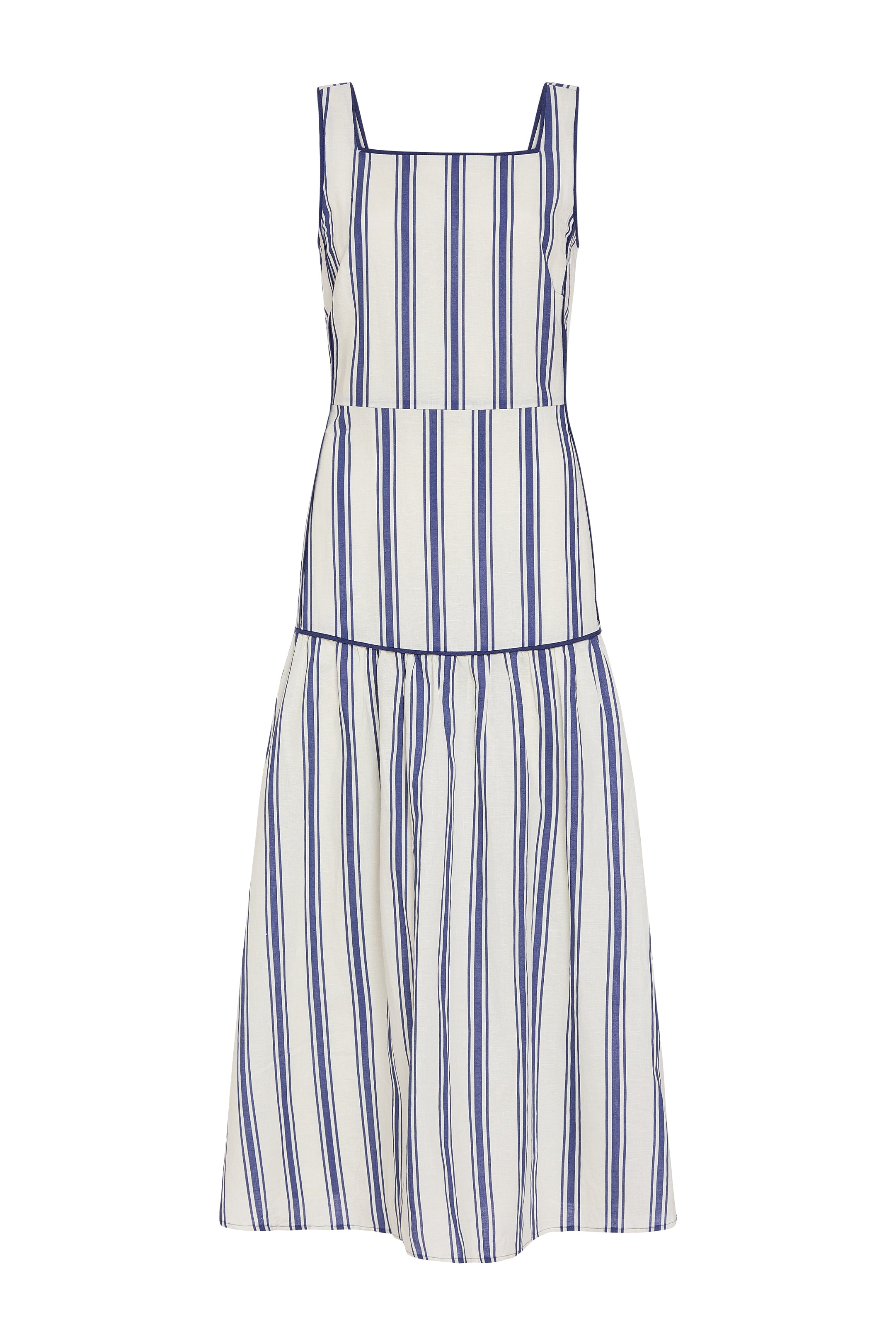 Sleeveless sailor stripe dress with square neckline, blue-and-white vertical stripes, tiered hem