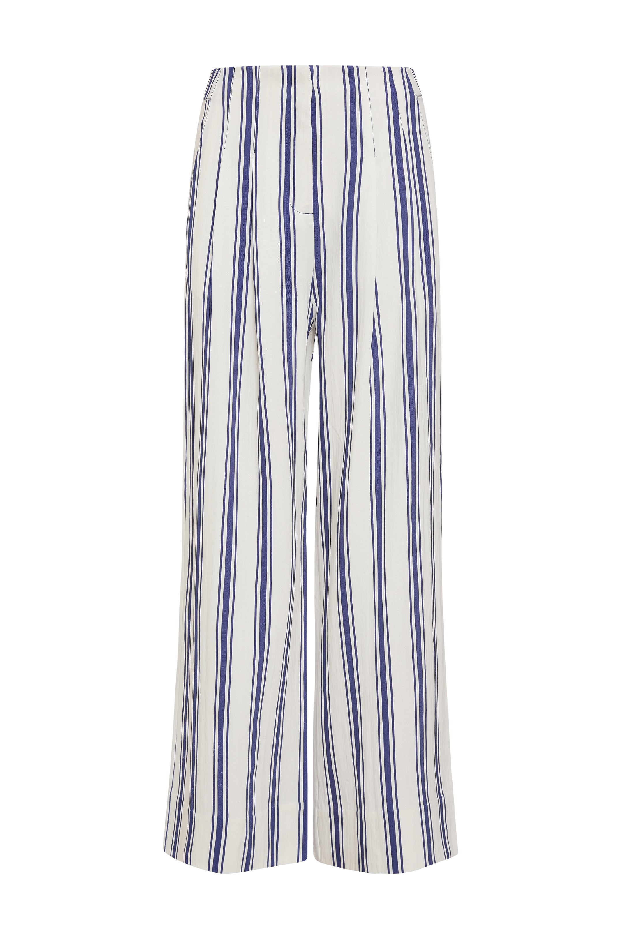 Wide-leg pants with vertical navy and white sailor stripes