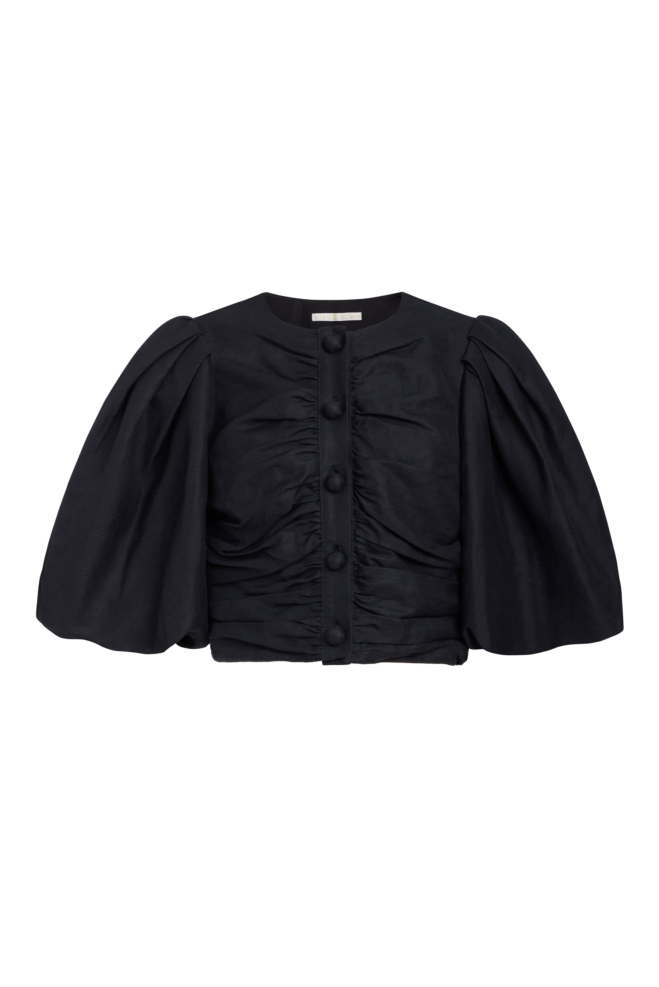 Black puff-sleeve top with ruched front and button placket