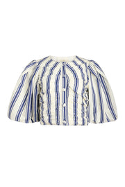 White-and-blue striped sailor top with button front and puff sleeves