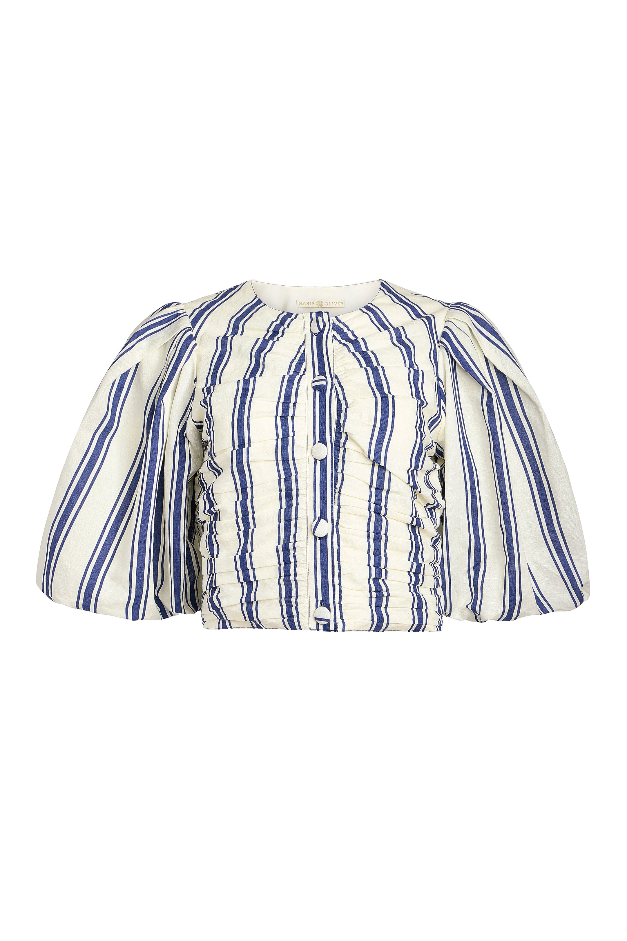 White-and-blue striped sailor top with button front and puff sleeves