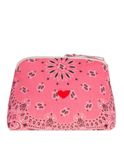 Small vanity pouch in pink with zipper top, hearts and floral pattern