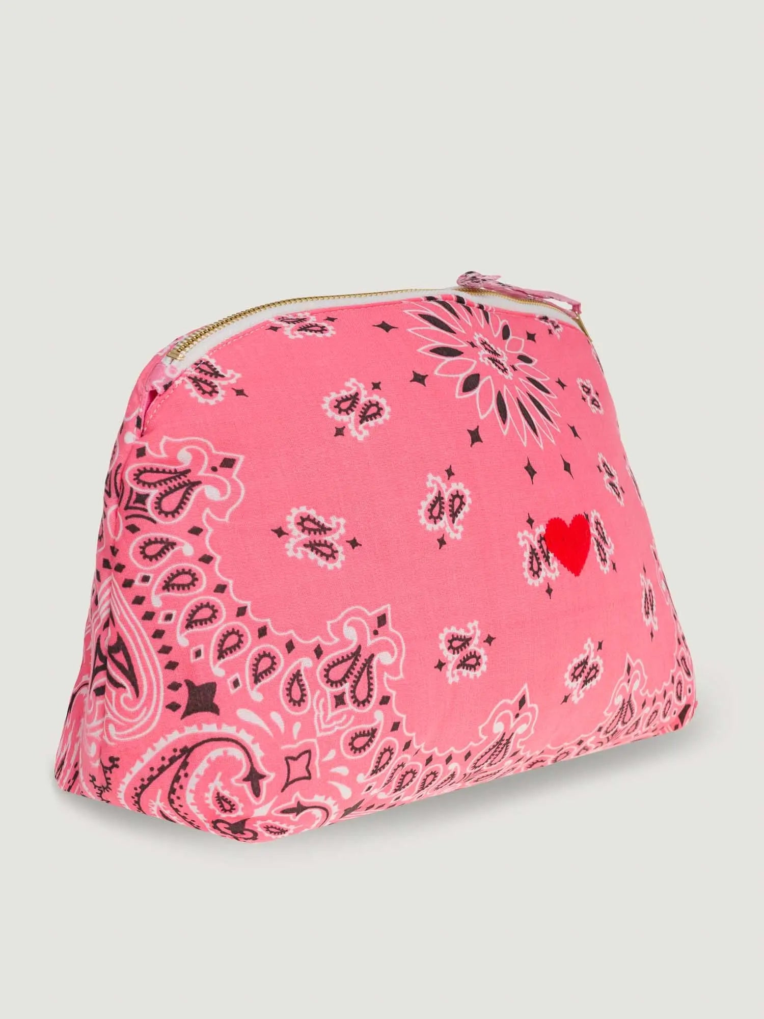 Small vanity pouch pink with zipper top and paisley floral print, side view